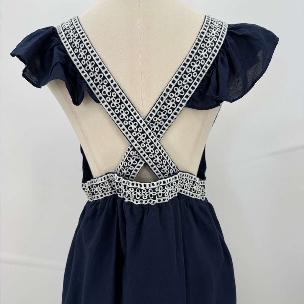 J.Crew Navy Maxi Dress Lace Trim Deep V-Neck Crisscross Back Flutter Sleeves - Picture 15 of 16